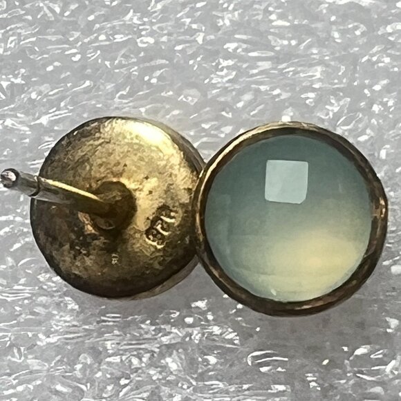 Vtg Vermeil Stud Earrings Aqua Faceted Cabochon Stones Minimalist Design Spring - Picture 2 of 6